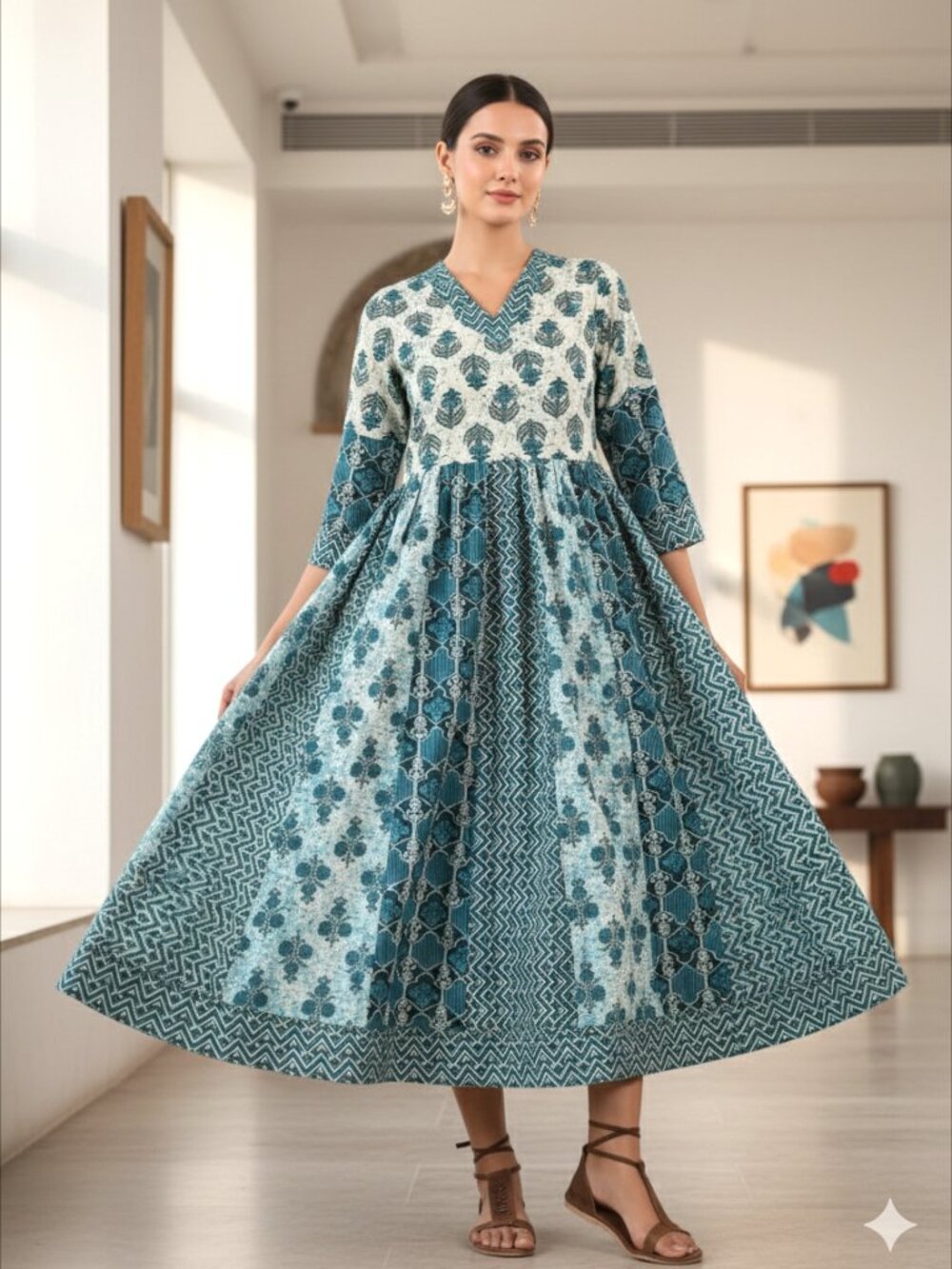 Floral Hand Block Print Kyra Midi Dress | Bohemian Cotton Dress Dresses for Her